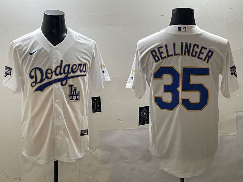Men Los Angeles Dodgers #35 Bellinger White Gold Game 2025 Nike MLB Jersey style 13